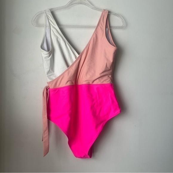 SweatyRocks One Piece V Neck Tie Front Pink & White Color Block Bathing Suit L - Picture 8 of 9